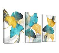 Tableau Mural Triptyque Feuilles Ginkgo Biloba Dorées 150x70cm - Impression Toile HD sur Cadre Bois - Décoration Salon Moderne