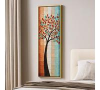 Tableau mural vertical représentant un arbre au feuillage coloré, avec un fond neutre rayé, une image de nature, une décoration moderne pour un couloir, une entrée ou un salon (30 x 90 cm / sans cadre)