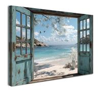 Tableau mural vintage avec cadre - 30 x 40 cm - Fenêtre ouverte sur la plage - Impression sur toile pour salon, chambre à coucher, cuisine, bureau - Images modernes avec crochets, clous et fixation