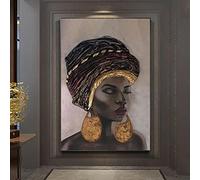 tableau murale Ethnique Femme Noire Peinture Brun Or Fille Africaine Art Mural Surdimensionné Boucles D'Oreilles En Or Impression Sur Toile Photo Chambre Décor 70x105cm (28x42in) Sans Cadre