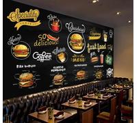 Tableau Noir Dessiné À La Main Hamburger Frites Café Papier Peint 3D Installation Facile Intissé Tapisserie Bureau Salon Canapé Chambre Décoration Murale-250cm×170cm