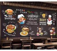 Tableau Noir Dessiné À La Main Nourriture Pizza Hamburger Papier Peint 3D Installation Facile Intissé Tapisserie Bureau Salon Canapé Chambre Décoration Murale-300cm×210cm