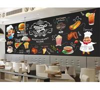 Tableau Noir Dessiné À La Main Plats Gastronomiques Hamburger Pizza Papier Peint 3D Installation Facile Intissé Tapisserie Bureau Salon Canapé Chambre Décoration Murale-150cm×105cm