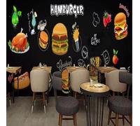 Tableau Noir Nourriture Hamburgers Frites Fruits Papier Peint 3D Installation Facile Intissé Tapisserie Bureau Salon Canapé Chambre Décoration Murale-150cm×105cm