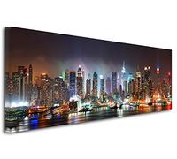 Tableau Panorama New York by Night - Impression Photo Ville sur Toile décoration Murale Paysage - Déco Maison, Cuisine, Salon, Chambre Adulte - Multicouleur 100x35 cm