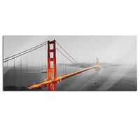 Tableau panoramique sur verre - Décoration murale en verre véritable - Bridge Golden Gate au crépuscule - Détails B&W - 120 x 50 cm - Avec suspension et entretoises
