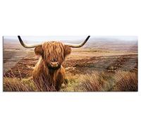 Tableau panoramique sur verre - Décoration murale en verre véritable - Bœuf des Highland avec de grandes cornes - Steppe - 120 x 50 cm - Avec suspension et entretoises