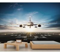 Tableau peint mural aéroport piste avion décollage - aéronef moderne en vol, papier peint autocollant pour décor urbain à thème 350x250cm (Non autocollant)