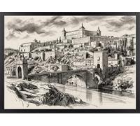 Tableau Pont d'Alcantara en crayon - Poster Toledo avec cadre | Décoration de salon, tableaux artistiques, décoration classique, tableaux décoratifs de villes, architecture historique