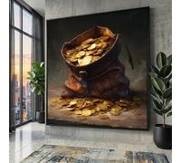 Tableau représentant un sac d'argent en cuir vintage, nature morte de pièces d'or, décoration murale sur toile représentant un trésor, impressions sur toile de style antique (20x20cm/cadre intérieur)
