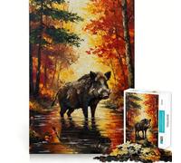 Tableau représentant Un Sanglier dans Une forêt d'automne Puzzle de 1000 pièces pour Adultes Jeu de Concentration Découpe Laser de qualité supérieure Activité familiale Amusante en soirée (38x52cm)