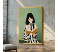 Tableau représentant une femme lisant avec un thé - Impression minimaliste pour amoureuse des livres - Affiche sur toile - Portrait féminin - Décoration esthétique verte (50 x 75 cm/sans cadre)