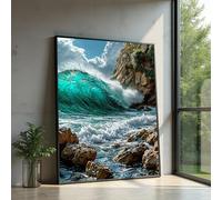 Tableau représentant une vague turquoise se brisant sur un rivage rocheux, décoration murale de plage côtière, impression de vague océanique, toile décorative de paysage marin (50x75cm/sans cadre)