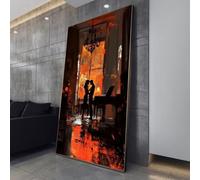 Tableau romantique de couples en silhouette, Décoration murale pour un moment intime, Décoration pour une salle de piano, Toile décorative avec éclairage orange spectaculaire (50x90cm/sans cadre)