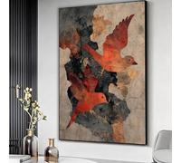 Tableau rustique sur toile représentant des oiseaux rouges, peinture texturée, décoration intérieure inspirée par la nature, toile de style vintage, prête à accrocher (40 x 60 cm / cadre intérieur)