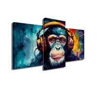 Tableau Singe Pop Art Avec Cadre - Affiche Decoration Murale Musique - Impression Sur Toile Trois Parties - Tableau Triptyque Mural Animaux - Toile Graffiti Street Art (60x40cm +2x 40x30cm)