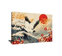 Tableau Soleil Levant - Décoration Murale Japonaise - Impression Sur Toile Avec Cadre Oiseaux - Tableau Grues - Décoration Murale Fleur De Cerisier - Art Contemporain Mural (40x30cm)