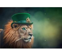 Tableau sur toile 110 x 70 cm : Lion puissant avec chapeau vert célébrant la Saint Patrick sur fond flou IA (199422567)