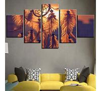 Tableau sur Toile 5 Parties a attrapé Votre rêve carillons de Vent Pendentifs de Plume Tenture Murale décorations pour la Maison de Style Attrape-rêves,40x60cmx2+40x80cmx2+40x100cmx1