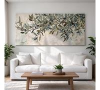 Tableau sur toile à motif botanique de branches d'olivier, peinture horizontale neutre représentant la nature, idéale pour la décoration du salon ou de la chambre (30x60 cm / toile tendue sur châssis)