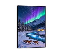 Tableau sur toile Aurore Borealis sur une forêt enneigée et un fleuve Le Renard Des Neiges De Nuit Coloré poster Paysage d'hiver nocturne Images Décoration murale Aurora105x70cm(41x28in)Cadre noir