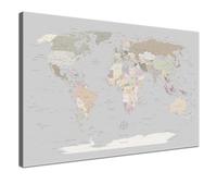 Tableau sur toile avec carte du monde à épingler, marque tes voyages et souvenirs - Carte du Monde Légère - En français - Image de carte murale en gris clair, 100 x 70 cm