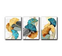 Tableau sur toile avec feuille de gingko bleu vert doré - Art abstrait - Europe du Nord - Tableau moderne - Décoration de salon - Sans cadre (50 x 70 cm - Sans cadre)