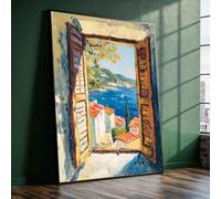 Tableau sur toile avec vue sur l'océan Méditerranée - Impression sur toile représentant une fenêtre côtière - Peinture de village en bord de mer - Décoration de maison de plage (70x100cm/sans cadre)