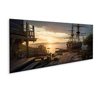 Tableau sur toile Bateau pirate avec vue sur les vieux voiliers et le coucher du soleil sur la mer. - Toile 120x40 cm - Panorama