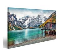 Tableau sur toile Bateaux au lac de Braies avec Seekofel sur fond Coloré paysage d'automne dans les Alpes italiennes Peintures Impressions Art Poster Mural