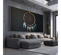 Tableau sur Toile Bohême AttrapeRêves Grand Format XXL Decoration Murale Croquis Plume Bois pour Salon Chambre Rustique Cercle Art Mural Moderne 80x160 cm