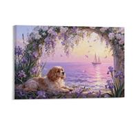 Tableau Sur Toile Cavalier King Charles Spaniel Tableau Decoration Murale Salon Moderne Vignes Fleuries Art Mural Sur Toile Déco Maison Pour Cuisine, Salon, Chambre Cadeau Original 12x18inch(30x45cm)