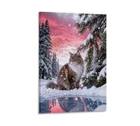 Tableau Sur Toile Chat des Forêts Norvégiennes Tableau Decoration Murale Salon Forêt de Pins Enneigés Image Sur Toile Maison Décorations Pour Bain Salon Chambre Restaurant Cadeau 12x18inch(30x45cm)