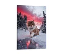 Tableau Sur Toile Chat des Forêts Sibériennes Tableau Decoration Murale Salon Forêt de Pins Enneigés Image Sur Toile Maison Décorations Pour Cuisine, Salon, Chambre Adulte Cadeau 20x30inch(50x75cm)