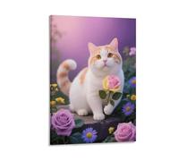 Tableau Sur Toile Chat Munchkin Tableau Decoration Murale Salon Moderne Buisson de Roses Impression Sur Toile Déco Maison Pour Chambre, Salle De Bains, Salon Cadeau Original 16x24inch(40x60cm)