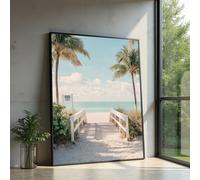 Tableau sur toile « Chemin de plage ensoleillé », art mural avec palmiers tropicaux, affiches et impressions de vue sur l'océan côtier, décoration de plage estivale (30 x 40 cm / cadre intérieur)