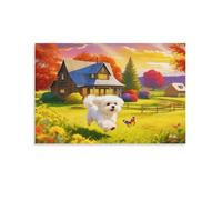 Tableau Sur Toile Chien Maltais Tableau Decoration Murale Salon Moderne Village d'Automne Peinture Sur Toile Déco Maison Pour Chambre À Coucher Salon Entrée Cadeau Original 08x12inch(20x30cm)