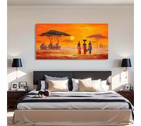 Tableau sur toile « Coucher de soleil africain » : Paysage aux chaudes nuances orangées et rouges, maisons africaines traditionnelles et vie de village africain moderne (20 x 40 cm, sans cadre)