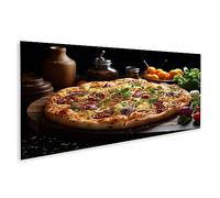 Tableau sur toile Délicieuse table de pizza italienne au fromage prête à manger Gastro pour Pizze - Toile 120x40 cm - Panorama