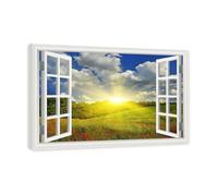 Tableau sur Toile Fenetre. 3D Fausse Fenêtre Vue Paysage Impression sur Toile. Image Nature sur Toile. Tableau Decoration Murale Salon.(lever du soleil nuage prairie). 80x120cm. Cadre intérieur.
