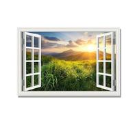 Tableau sur Toile Fenetre. 3D Fausse Fenêtre Vue Paysage Impression sur Toile. Image Nature sur Toile. Tableau Decoration Murale Salon.(lever du soleil nuage prairie 3). 80x120cm. Toile uniquement.