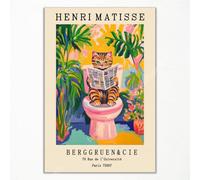 Tableau sur toile Henri Matisse, poster drôle de salle de bain pour animaux, mignon chat tigré aux toilettes, impression décoration murale de salle de bain rose dopamine, image tropicale de plantes et