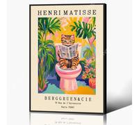 Tableau sur toile Henri Matisse, poster drôle de salle de bain pour animaux, mignon chat tigré aux toilettes, impression décoration murale de salle de bain rose dopamine, image tropicale de plantes et
