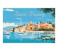Tableau sur toile illustration port de Saint-Tropez 30x45 cm CEANOTHE Décoration Murale Art Décoratif Muraux Peinture Imprimée en HD Salon Chambre Bureau Fabriqué en France Bleu G