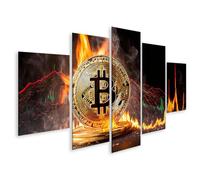 Tableau sur toile Les pièces Bitcoin déclenchent la chute du cours des actions d'une bourse virtuelle de cryptomonnaies - Toile 170x80 cm - 5 panneaux