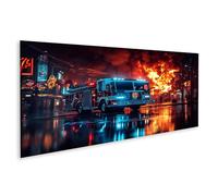 Tableau sur toile Les pompiers en action lors d'un incendie nocturne en ville - Toile 120x40 cm - Panorama