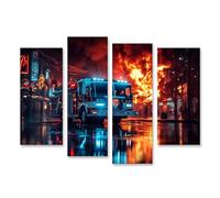 Tableau sur toile Les pompiers en action lors d'un incendie nocturne en ville - Toile 126x80 cm - 4 panneaux