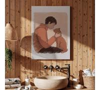 Tableau sur toile minimaliste représentant un garçon et un chat, symbole d'amour animalier, tons bruns chaleureux, décoration de la salle de bain ou de la chambre (50 x 70 cm / cadre intérieur)