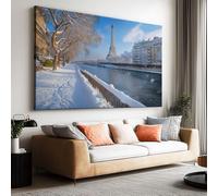 Tableau sur Toile Moderne 120L x 60l cm Hiver Tour Eiffel Scène Enneigée, Tableau sur Toile Décoration Murale Encadrée Prête à Accrocher Paysage Naturel pour Salon et Chambre, Châssis en Bois