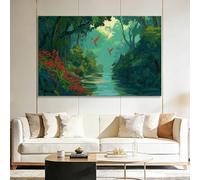 Tableau sur Toile Moderne 120L x 60l cm Naturel Forêt Tropicale Cascade Verdure, Tableau sur Toile Décoration Murale Encadrée Prête à Accrocher Vert Émeraude pour Salon et Chambre, Châssis en Bois